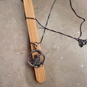 Sterling Silver Owl Necklace on Black Rhodium Chain-Woodland Circle Design